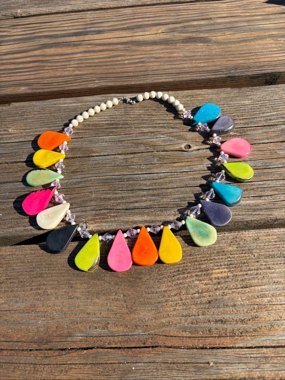 Boho Chic Bib Necklace Multicolor Teardrop Beaded Retro Eclectic Womens 23 Inch